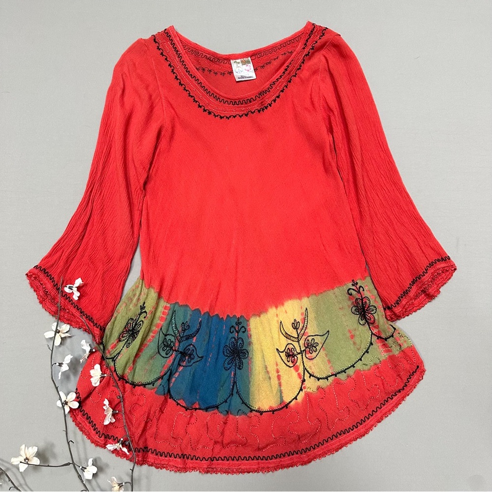 INDIA BOUTIQUE embroidered crepe batik tunic length blouse, S/M.